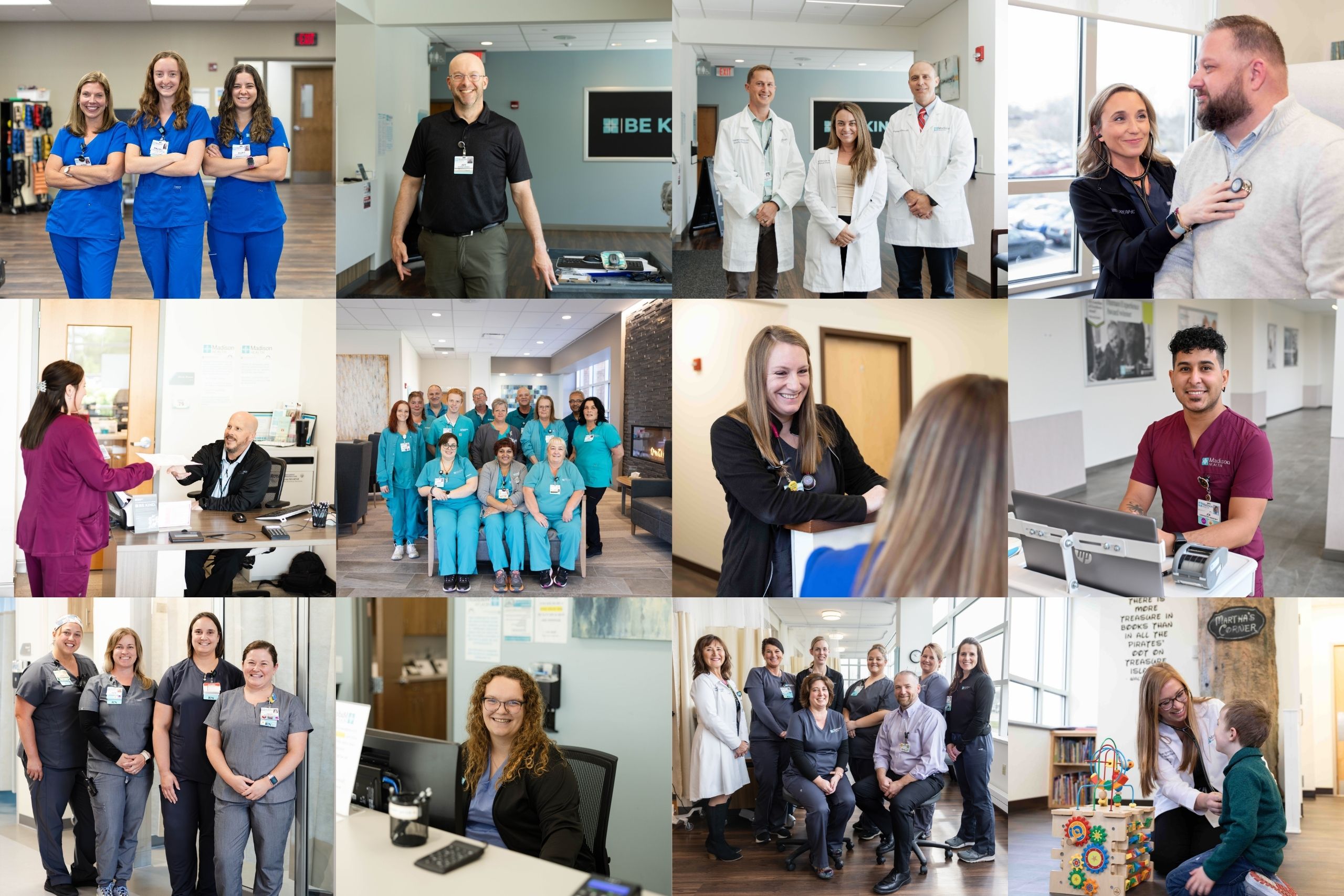 Mosaic of various physicians, nurses, and patients representing Madison Health